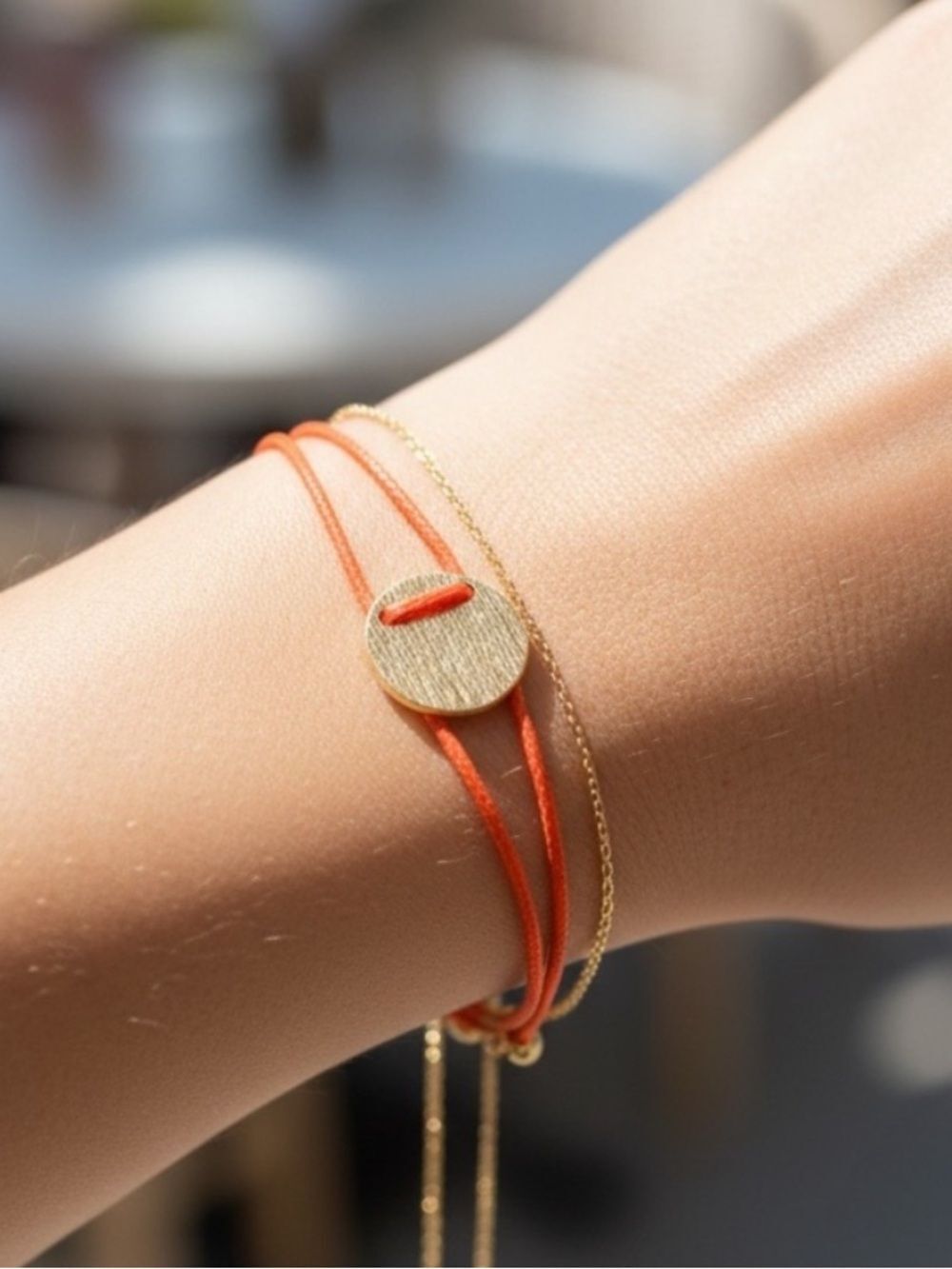 Gold Disc Bracelet with Orange Cord